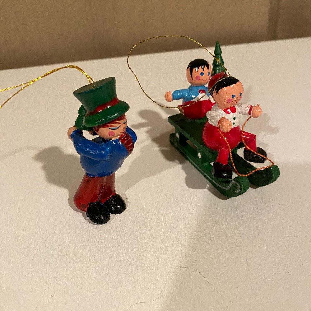 Vintage‎ Wooden Christmas Ornaments Boy with Tree & Sledding Children Set